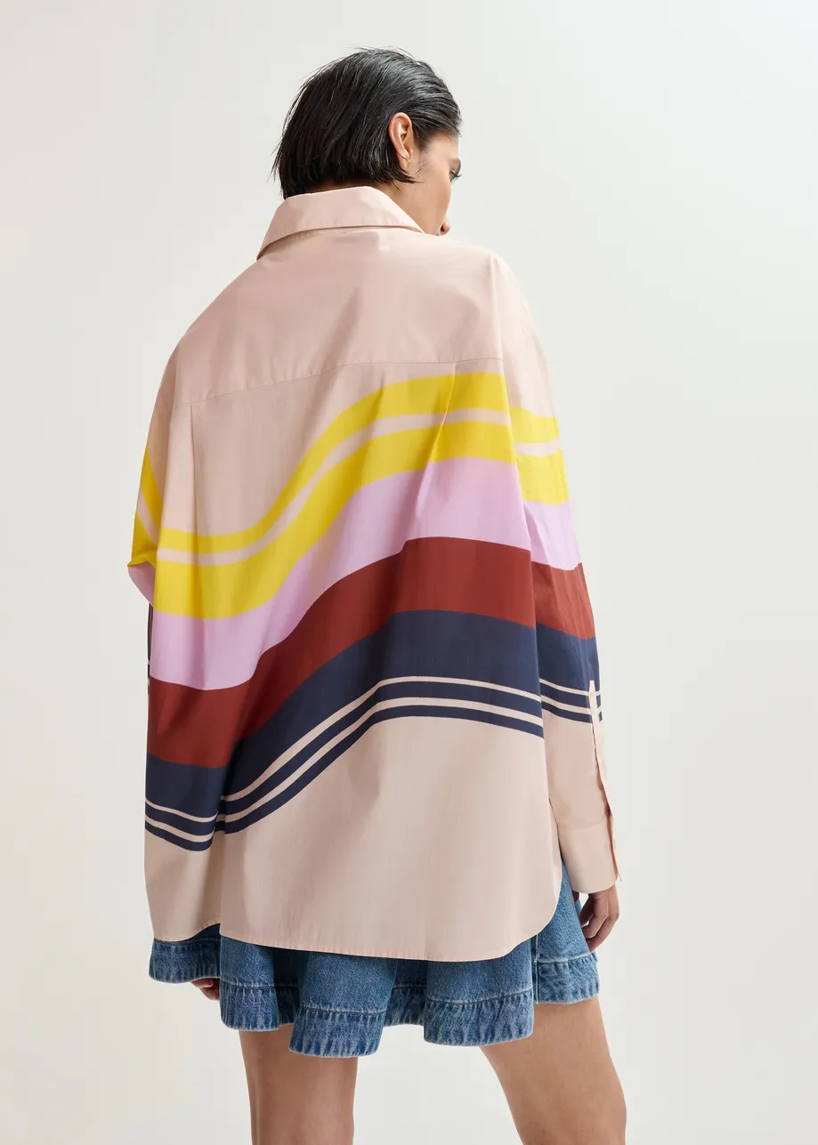 Camicia oversize in cotone color crema e multicolor con stampa a righe piazzata