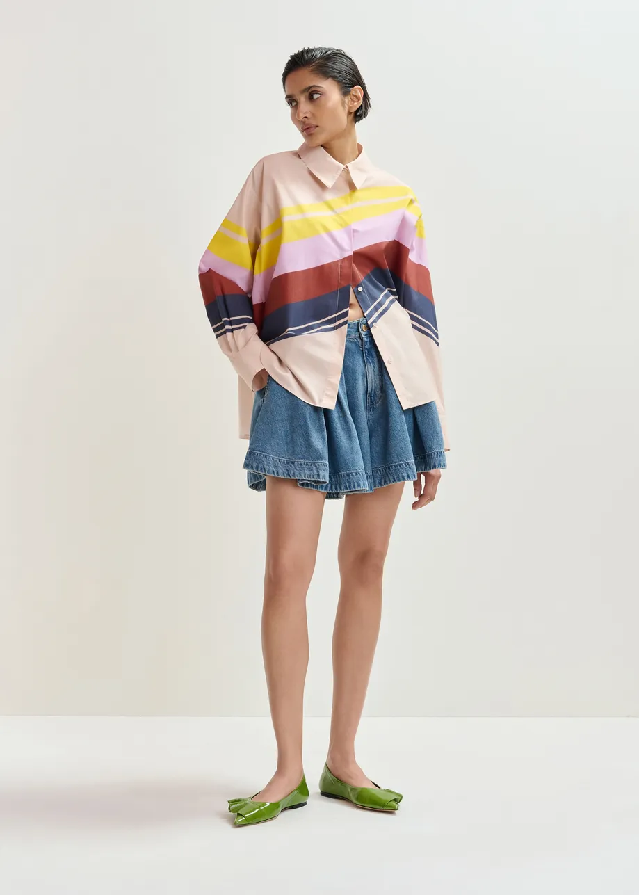 Camicia oversize in cotone color crema e multicolor con stampa a righe piazzata