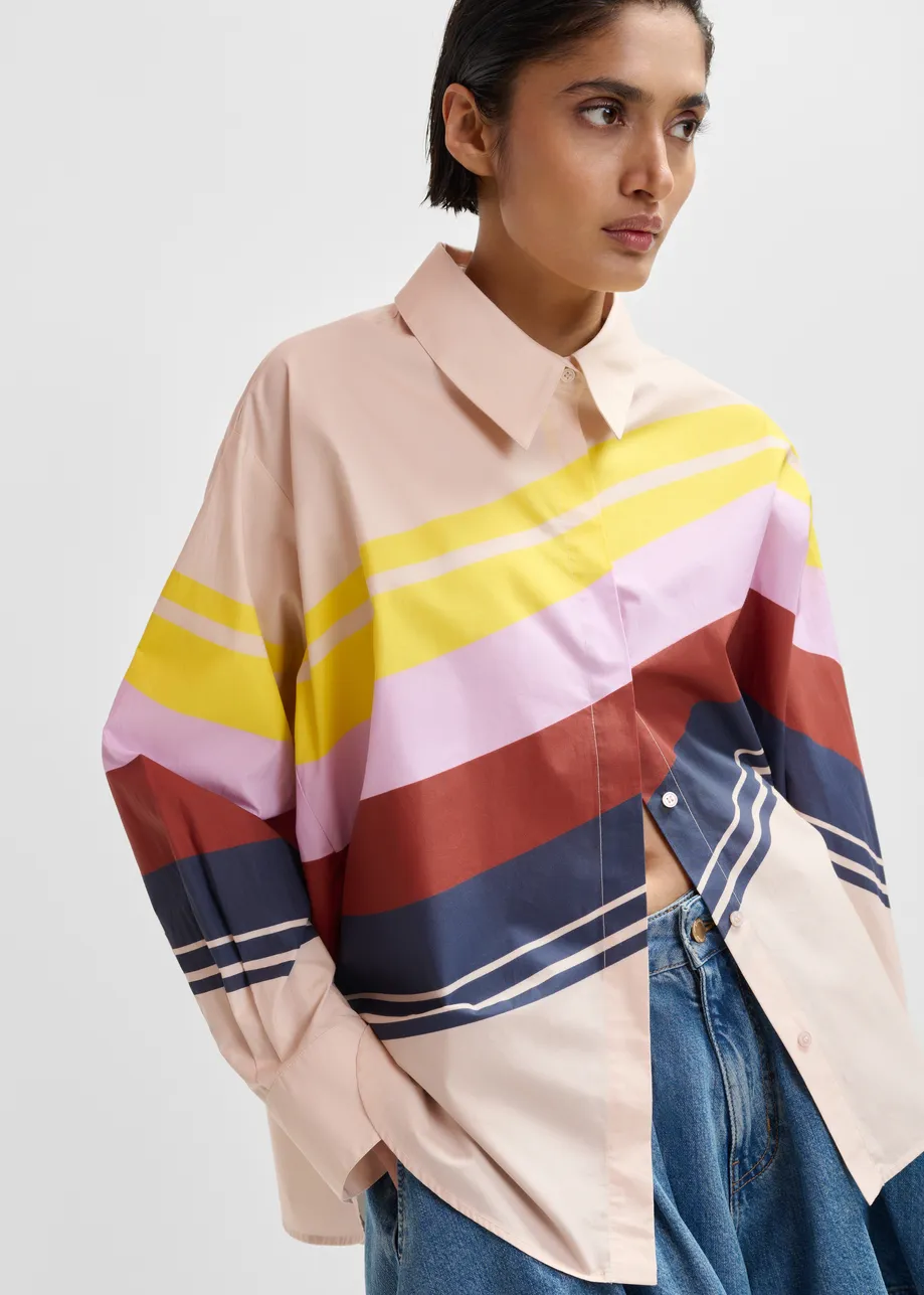 Cream and multicolor oversized cotton shirt with placed stripe print