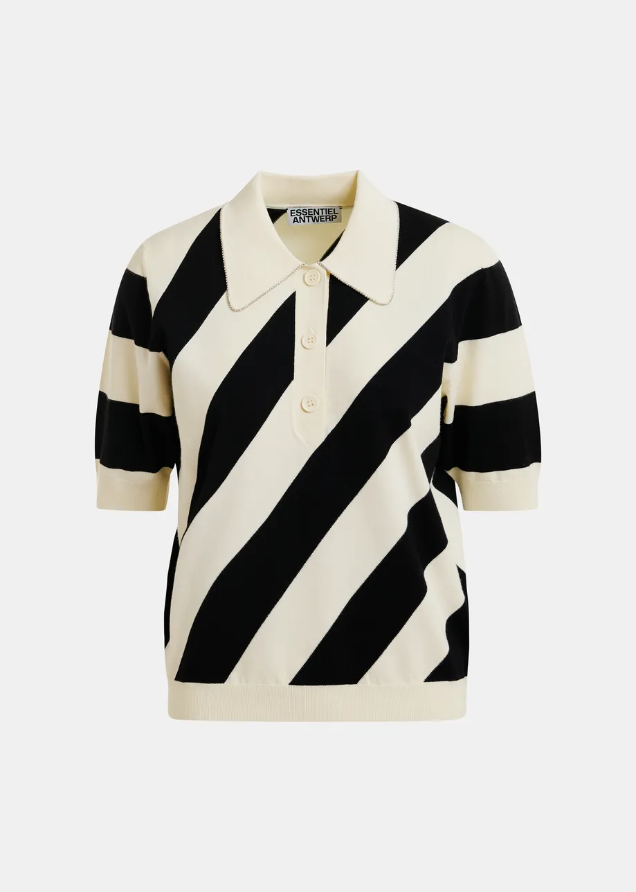 Black and off-white striped polo with embellished collar