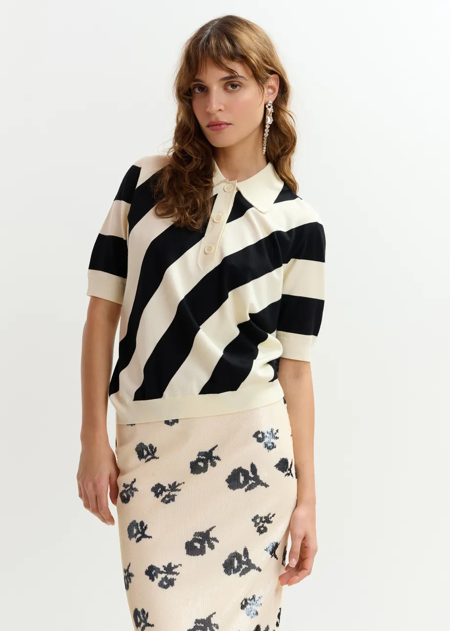 Black and off-white striped polo with embellished collar