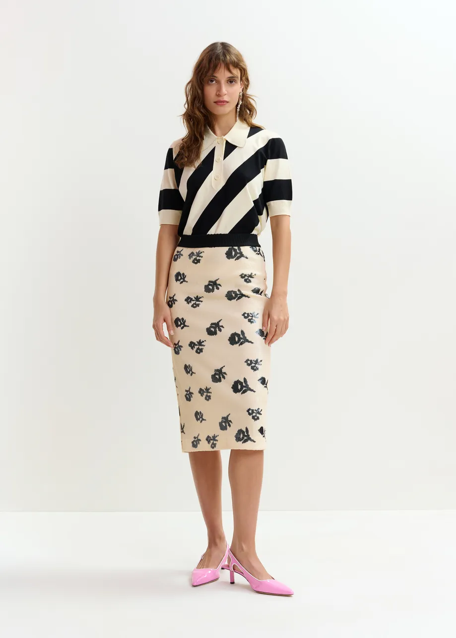 Black and off-white striped polo with embellished collar