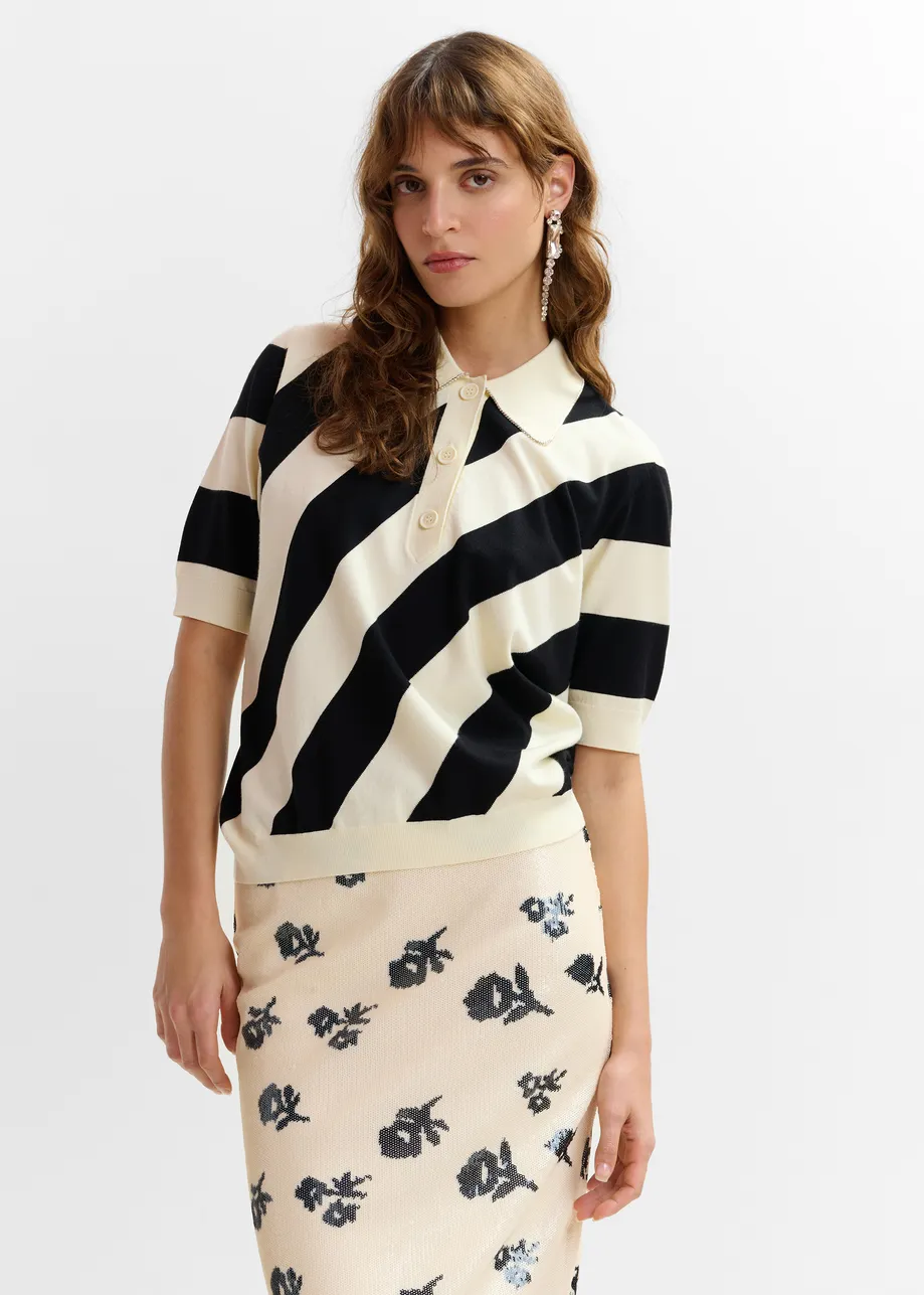 Black and off-white striped polo with embellished collar