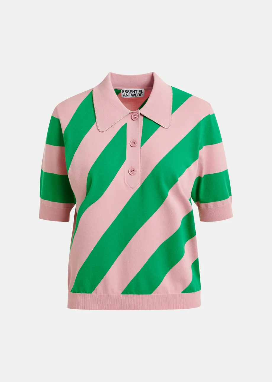 Light pink and green striped polo with embellished collar