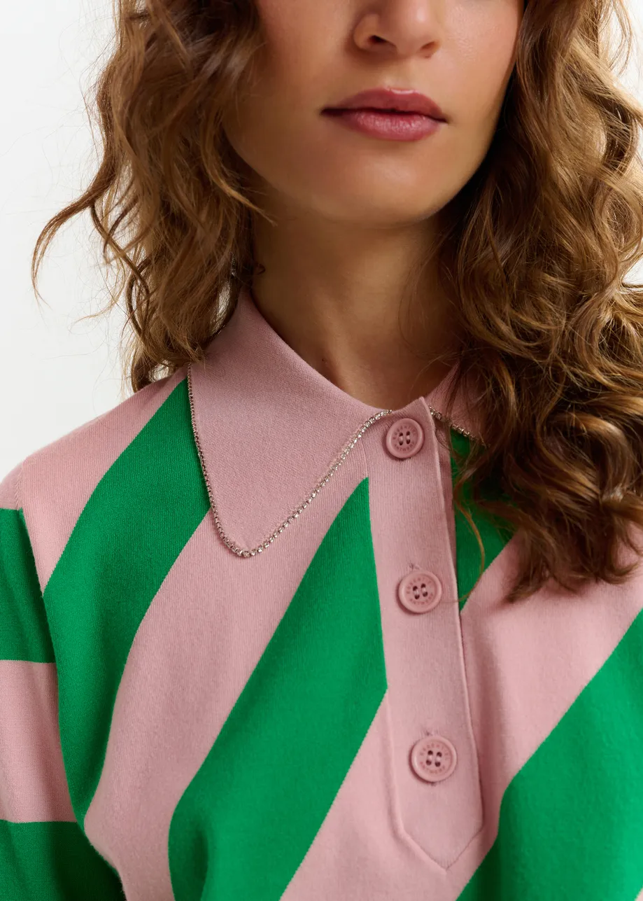 Light pink and green striped polo with embellished collar