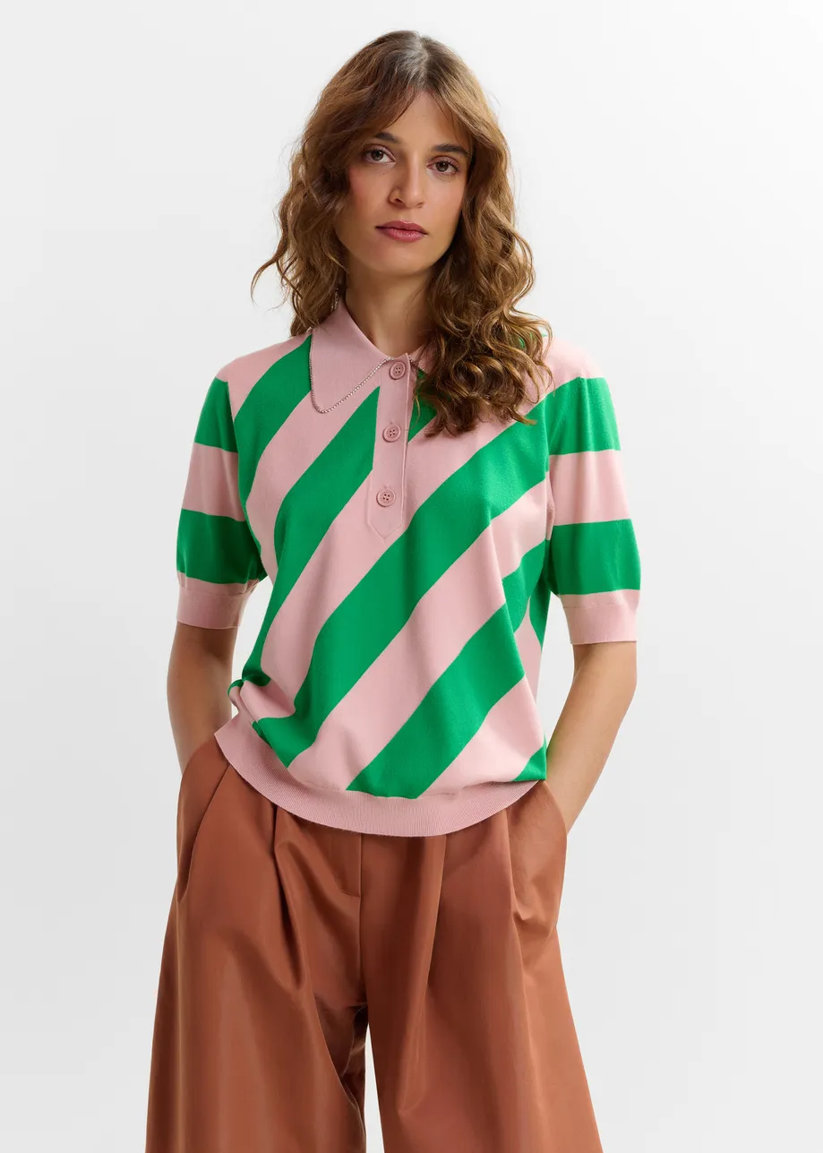 Light pink and green striped polo with embellished collar