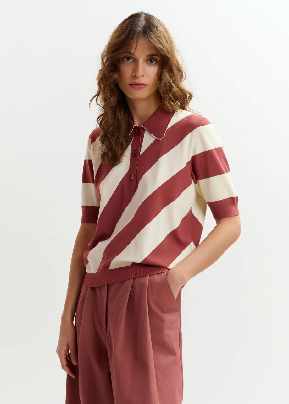 Terracotta  and off-white striped polo with embellished collar