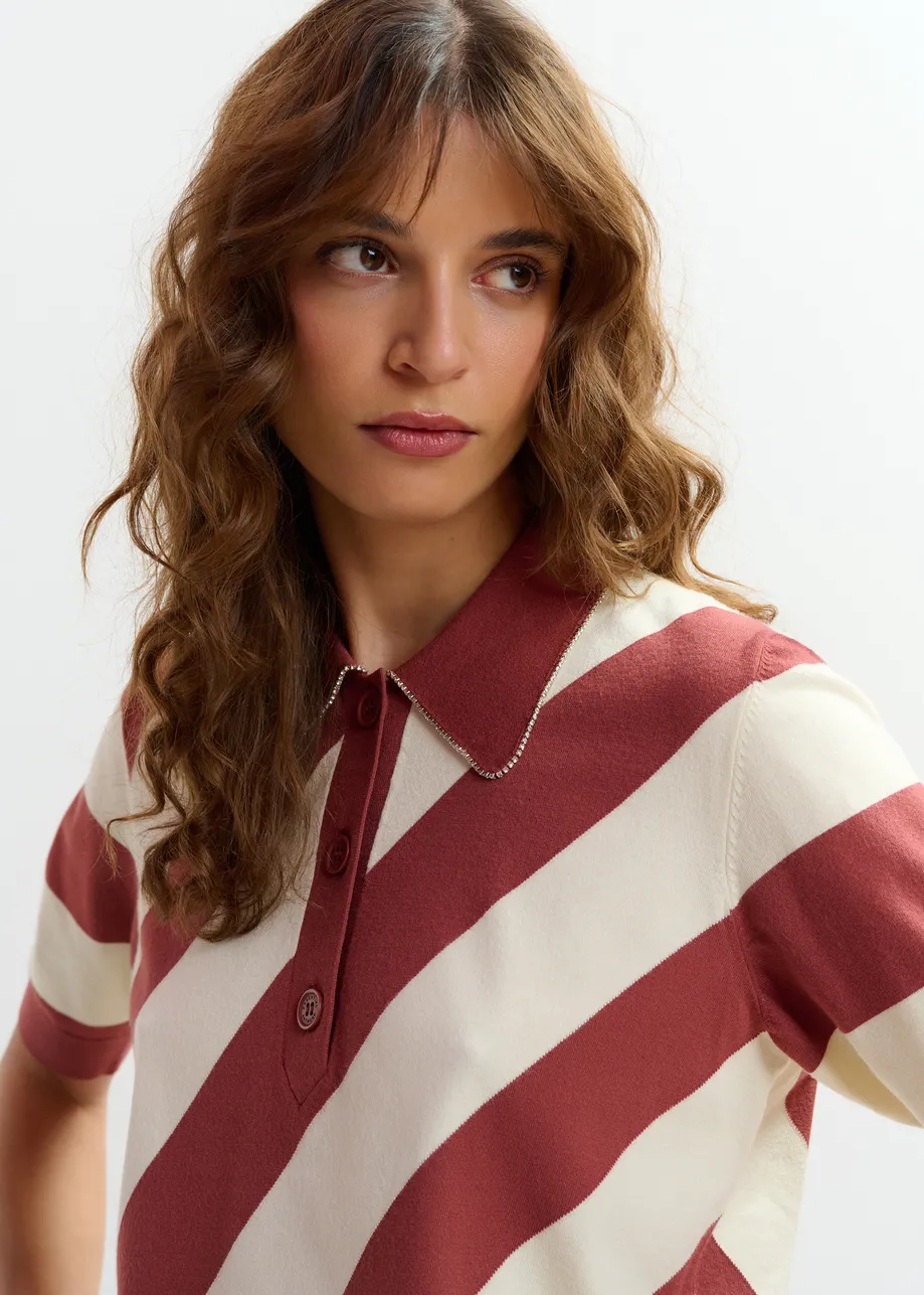 Terracotta  and off-white striped polo with embellished collar