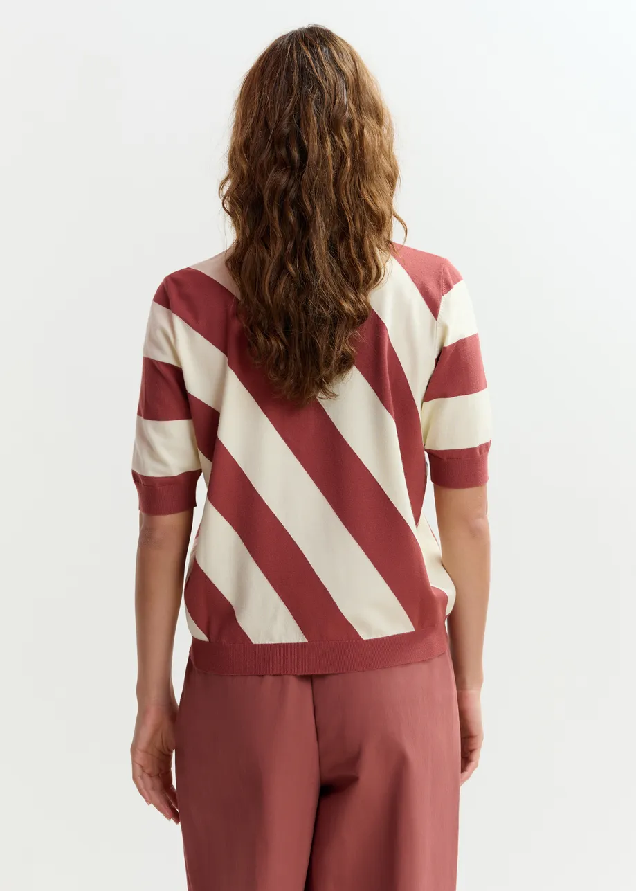 Terracotta  and off-white striped polo with embellished collar