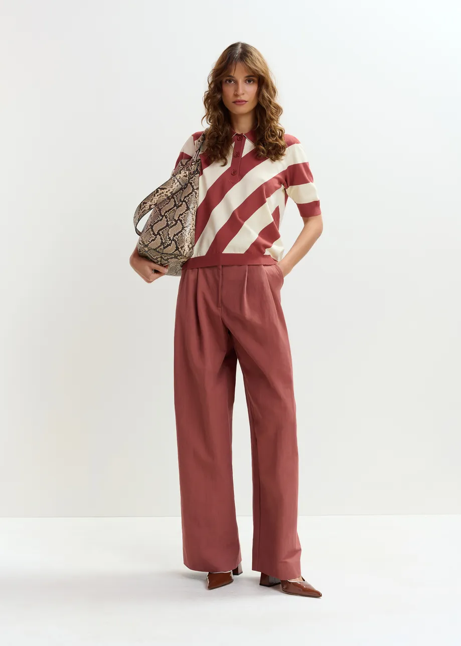 Terracotta  and off-white striped polo with embellished collar