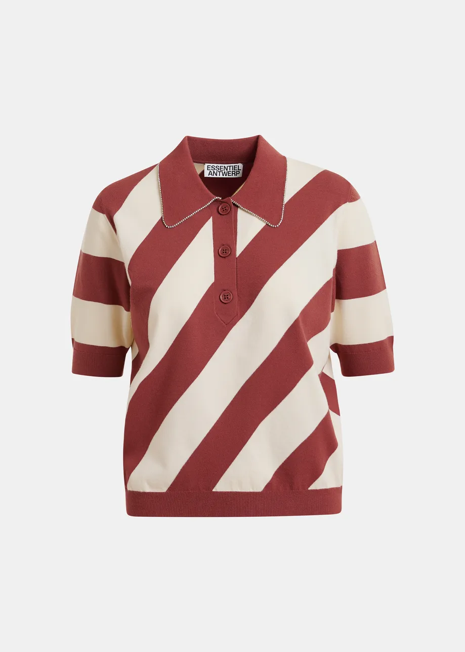 Terracotta  and off-white striped polo with embellished collar