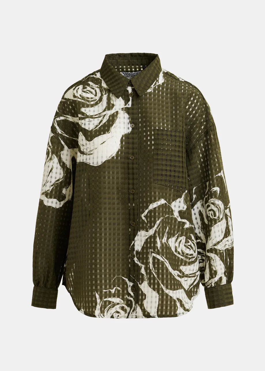 Camisa oversize estampada semitransparente, caqui y blanco roto