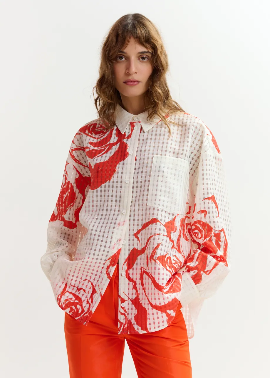 Gebroken wit en oranje doorschijnend hemd met print