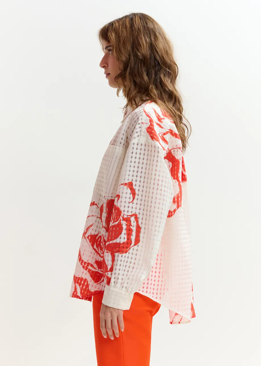 Gebroken wit en oranje doorschijnend hemd met print