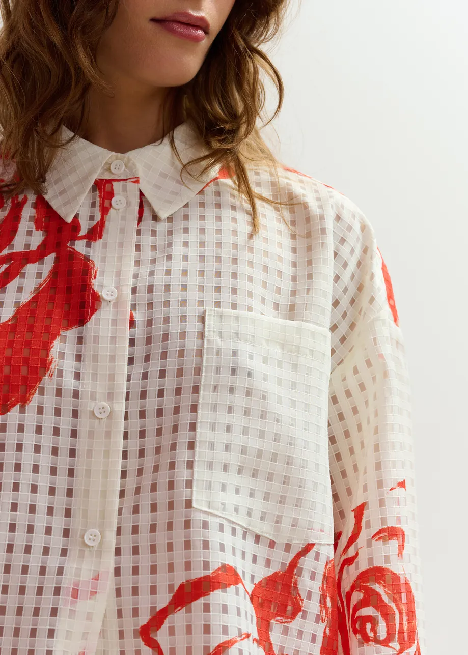Gebroken wit en oranje doorschijnend hemd met print