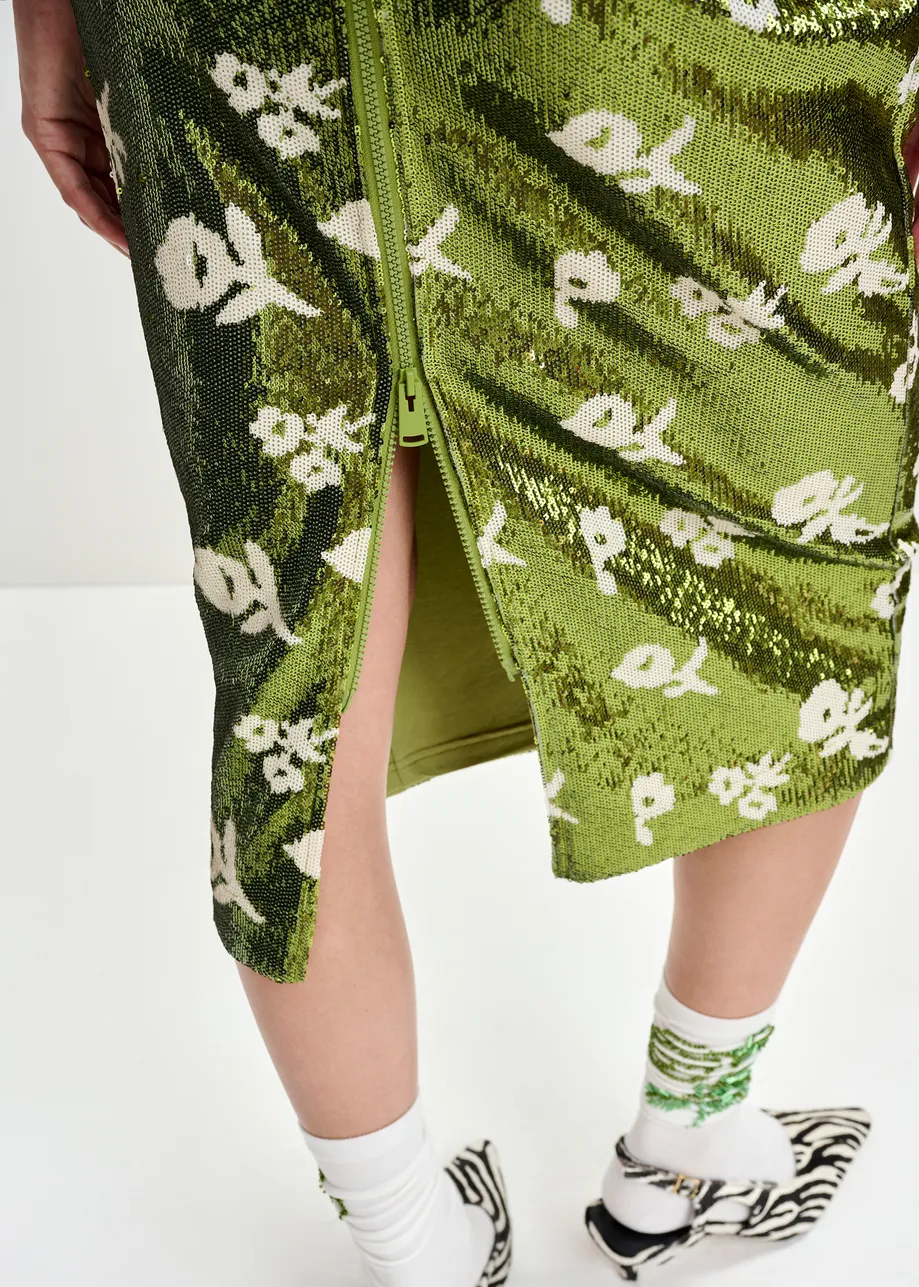 Green and off-white sequin-embellished pencil skirt
