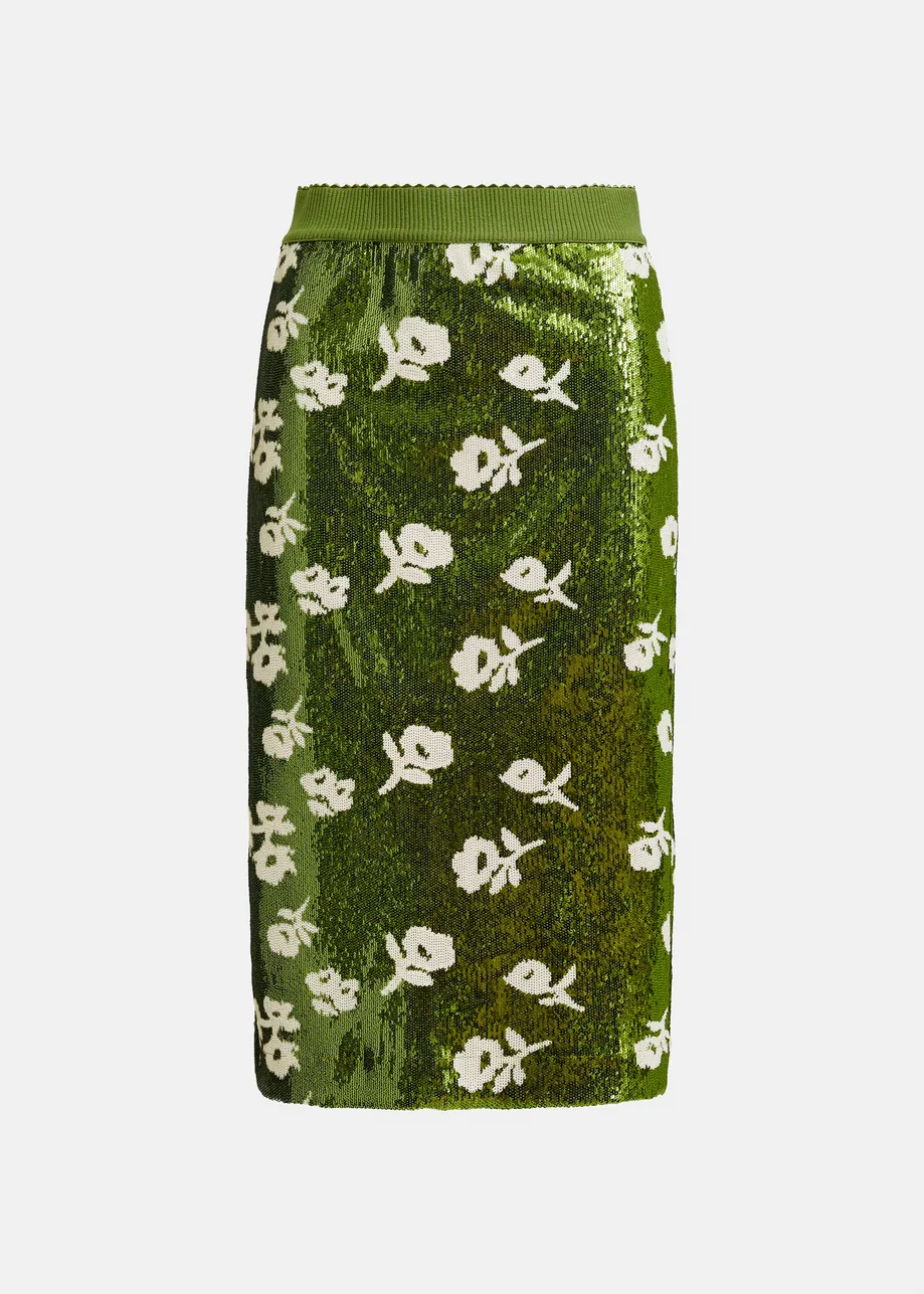 Green and off-white sequin-embellished pencil skirt