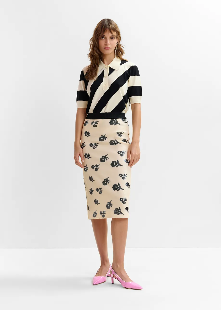 Falda lápiz con lentejuelas, blanco roto y negro