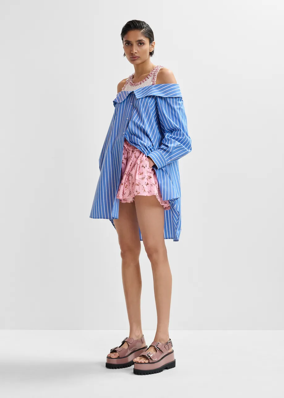 Blue and white layered shirt dress with embellished tank top