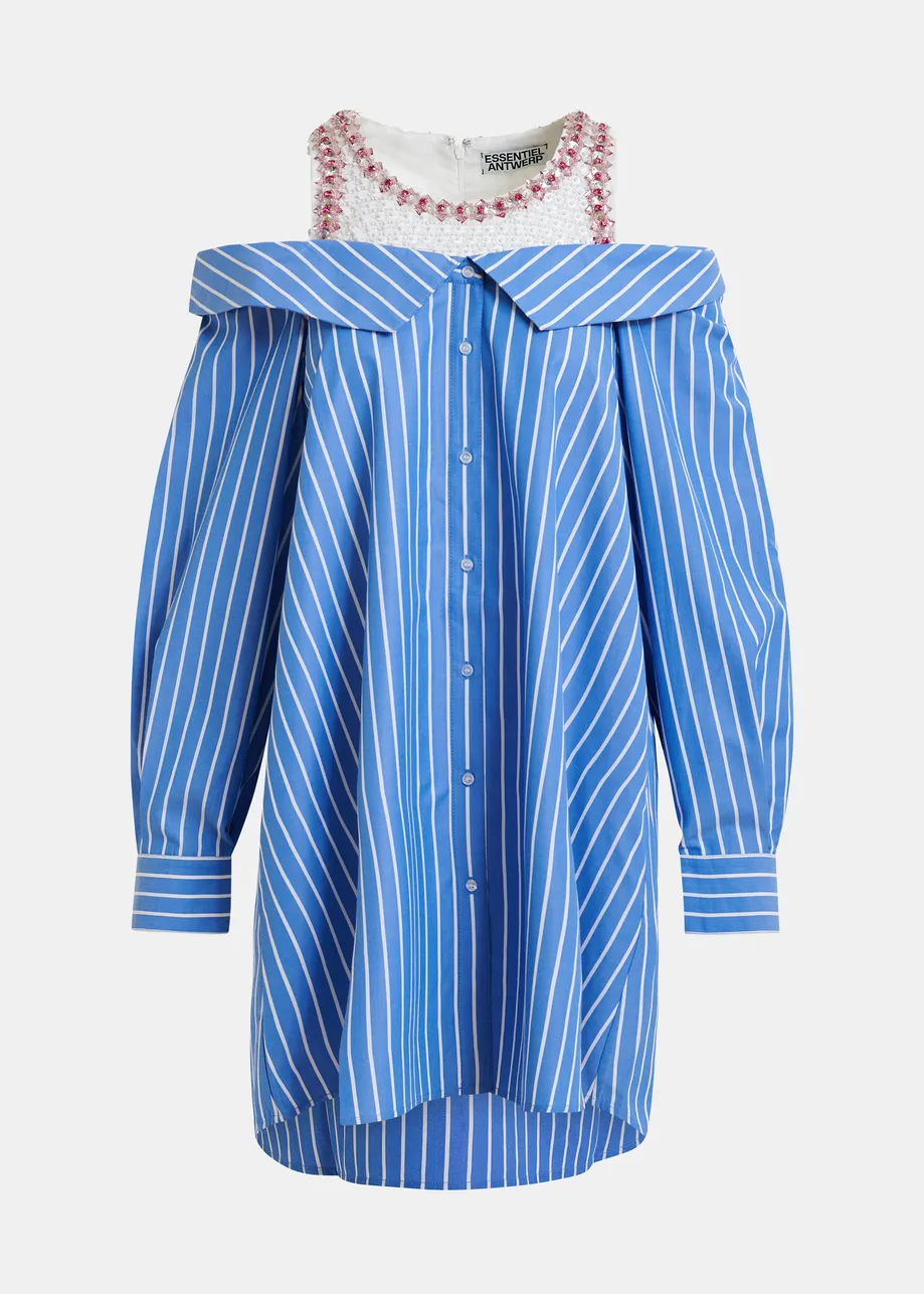 Blue and white layered shirt dress with embellished tank top