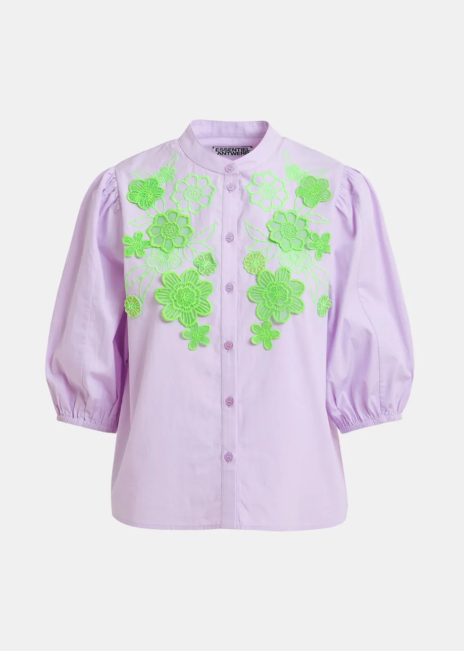 Light purple and green cotton shirt with appliqué flowers with mandarin collar