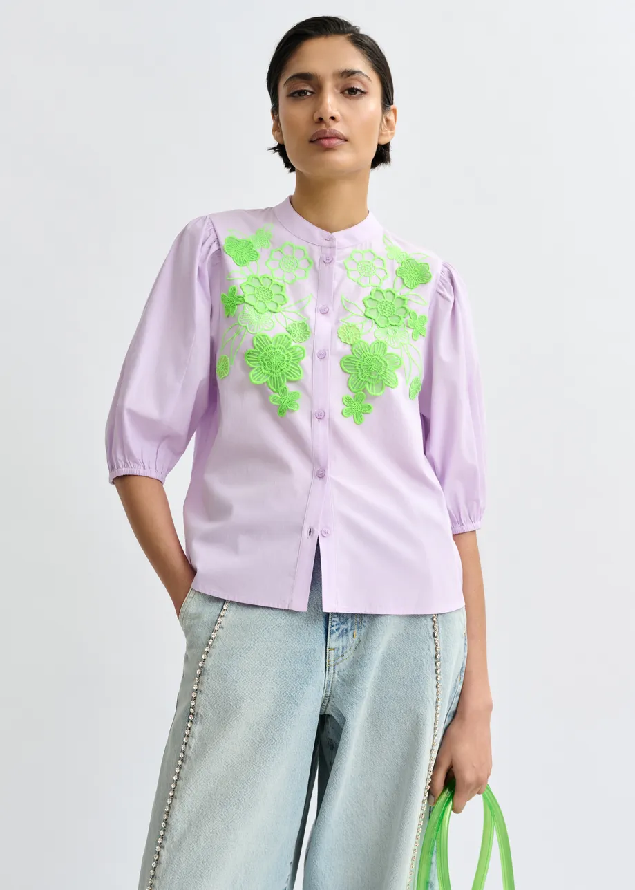 Light purple and green cotton shirt with appliqué flowers with mandarin collar