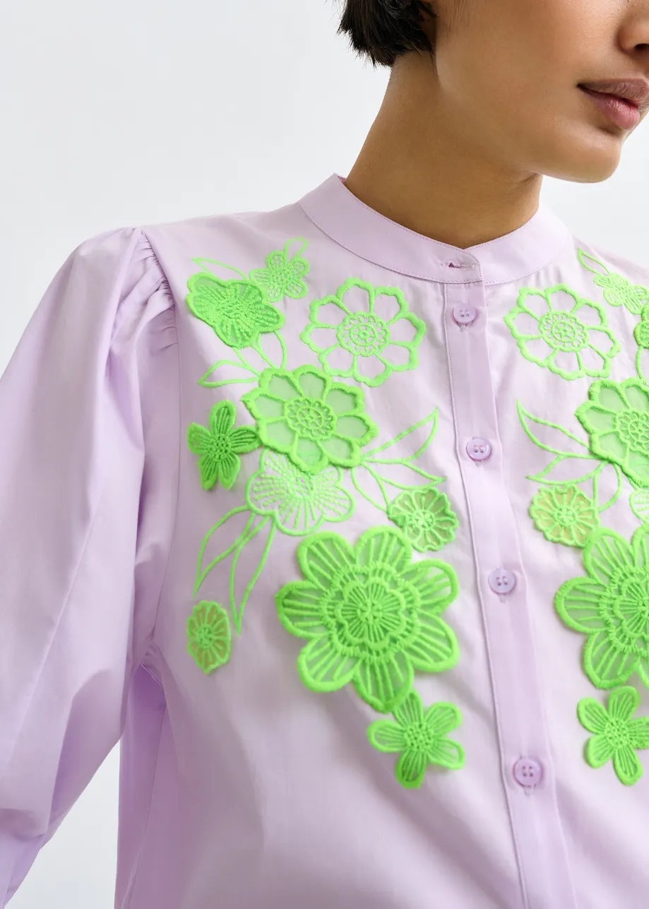 Light purple and green cotton shirt with appliqué flowers with mandarin collar