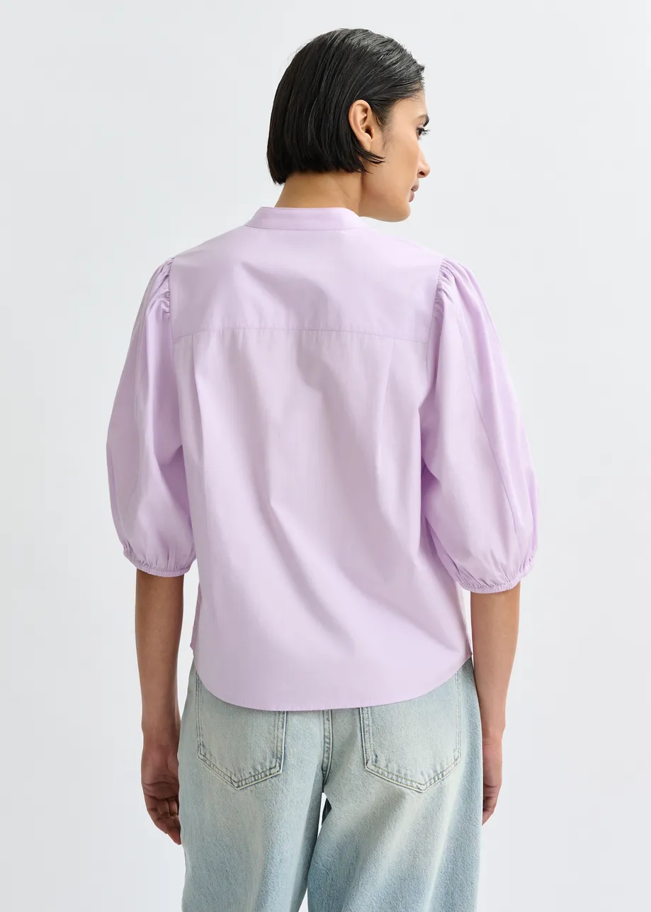 Light purple and green cotton shirt with appliqué flowers with mandarin collar