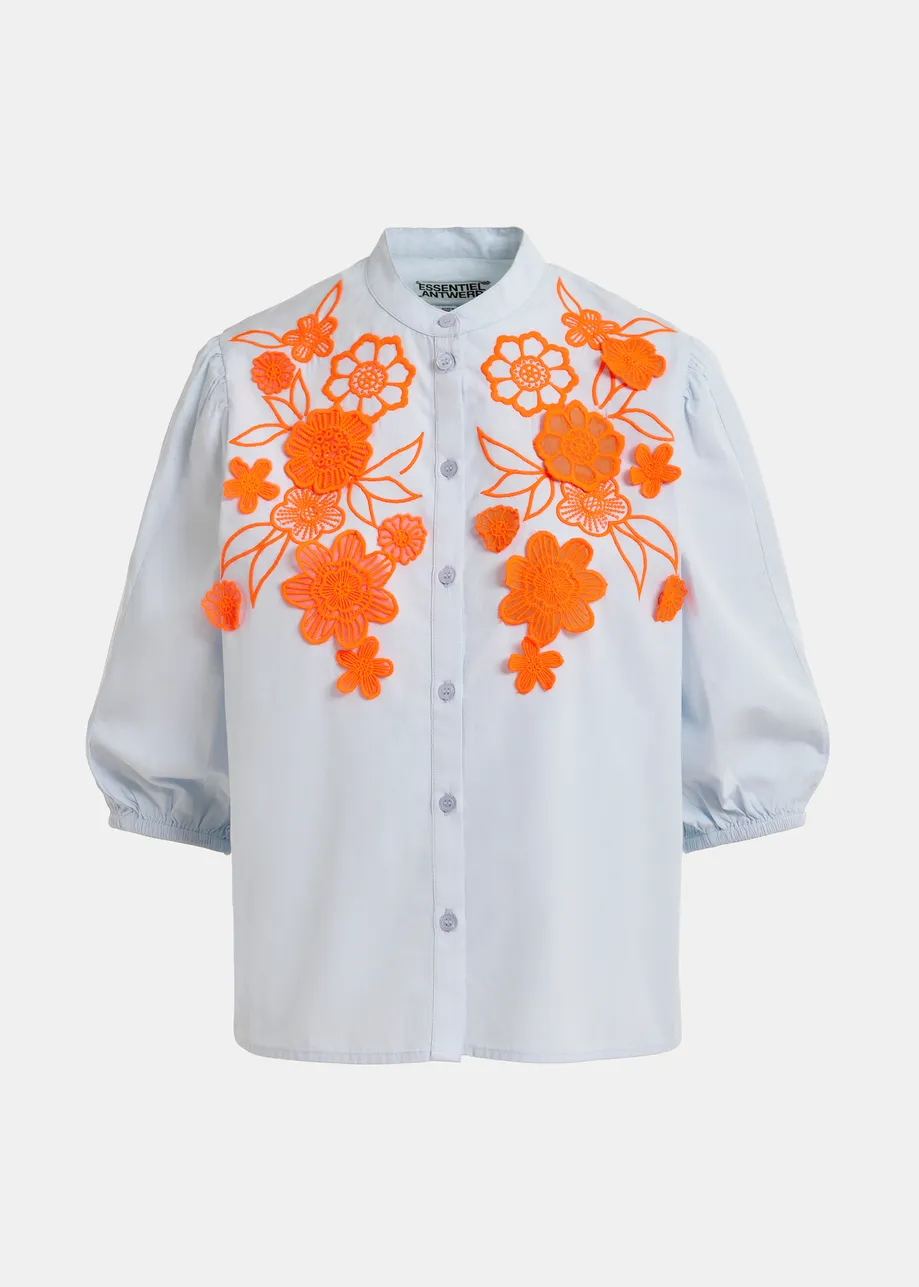 Light blue and orange cotton shirt with appliqué flowers with mandarin collar