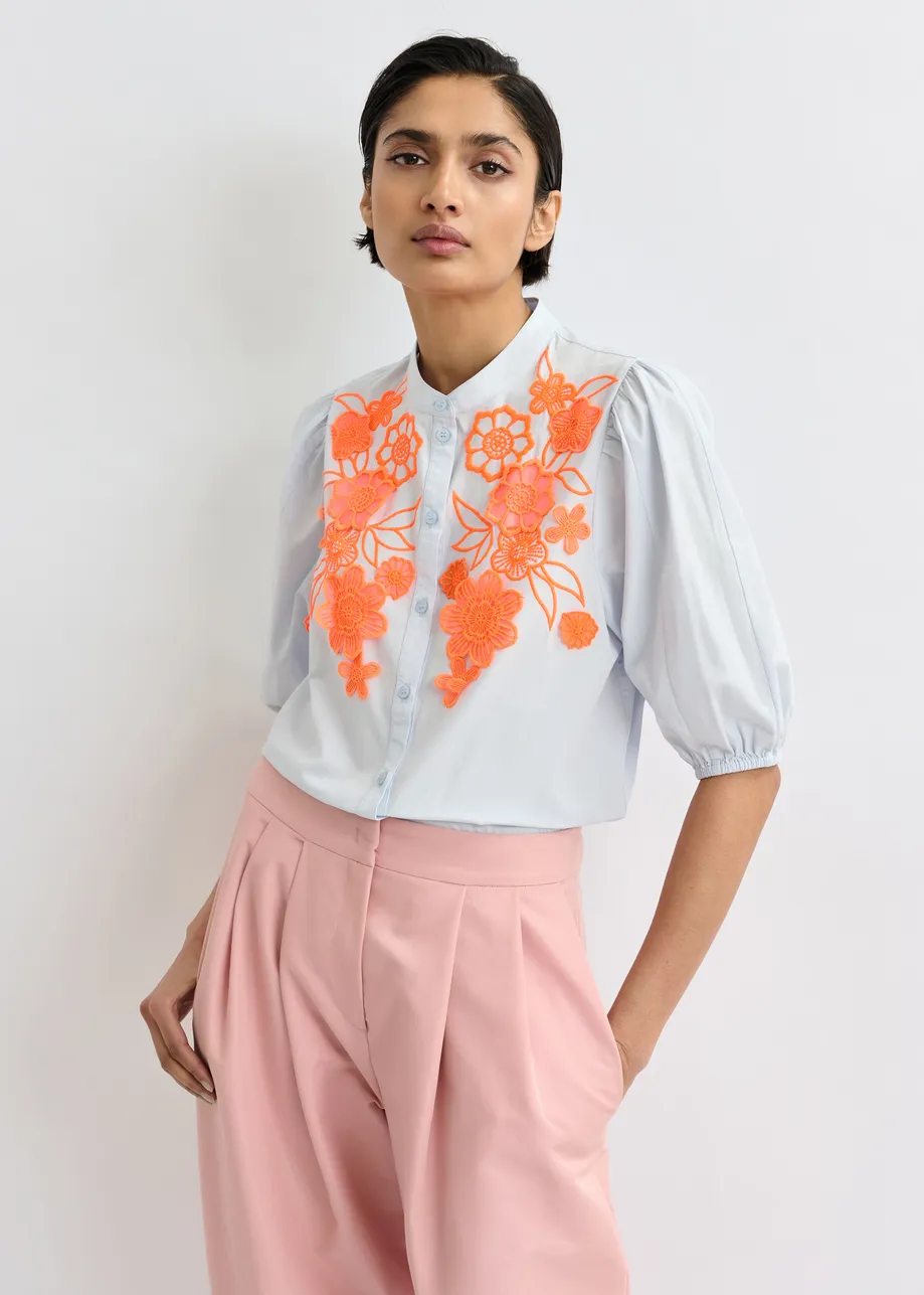 Light blue and orange cotton shirt with appliqué flowers with mandarin collar