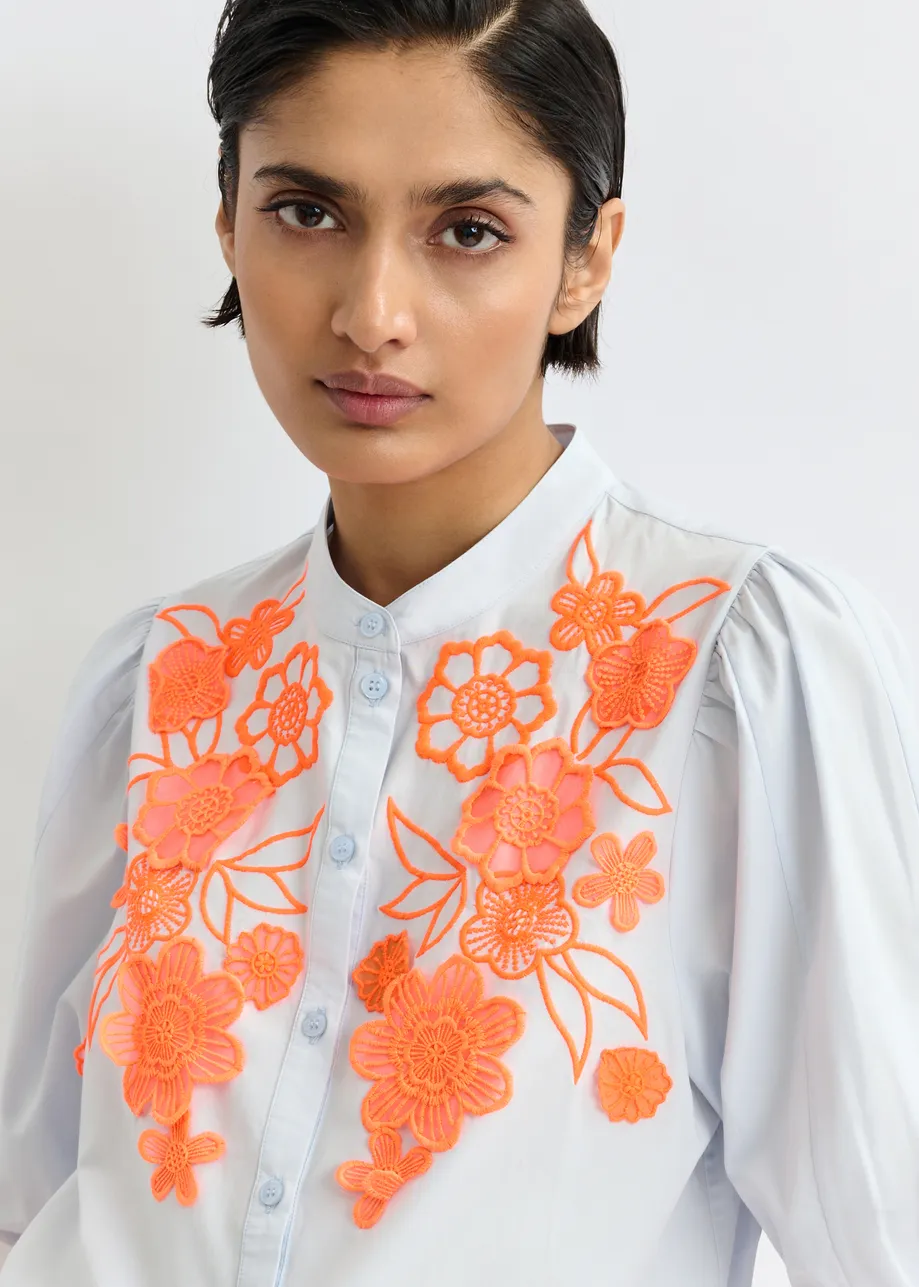 Light blue and orange cotton shirt with appliqué flowers with mandarin collar