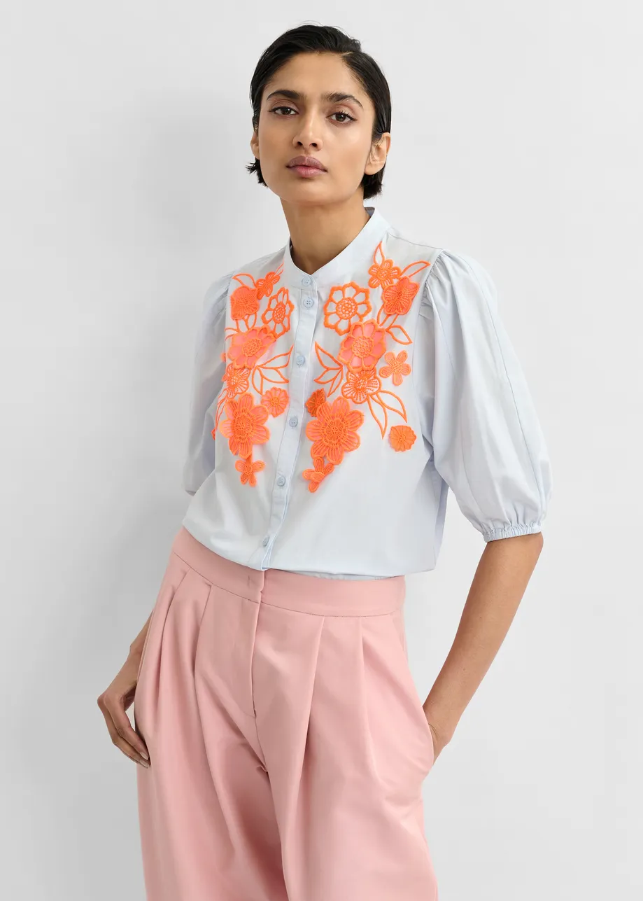 Light blue and orange cotton shirt with appliqué flowers with mandarin collar