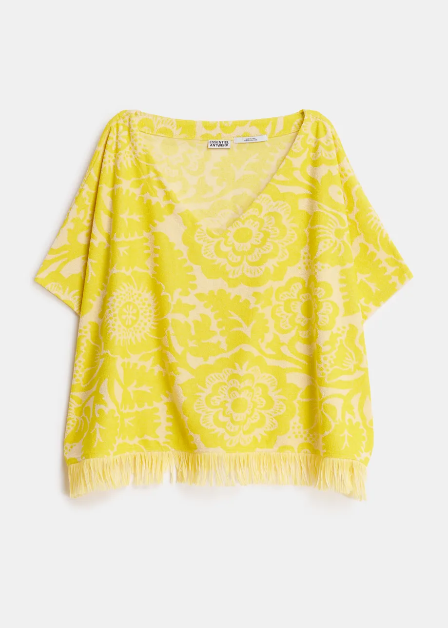 Gelbers, strukturiertes Oberteil aus Jacquard-Baumwollmischgewebe mit Fransen