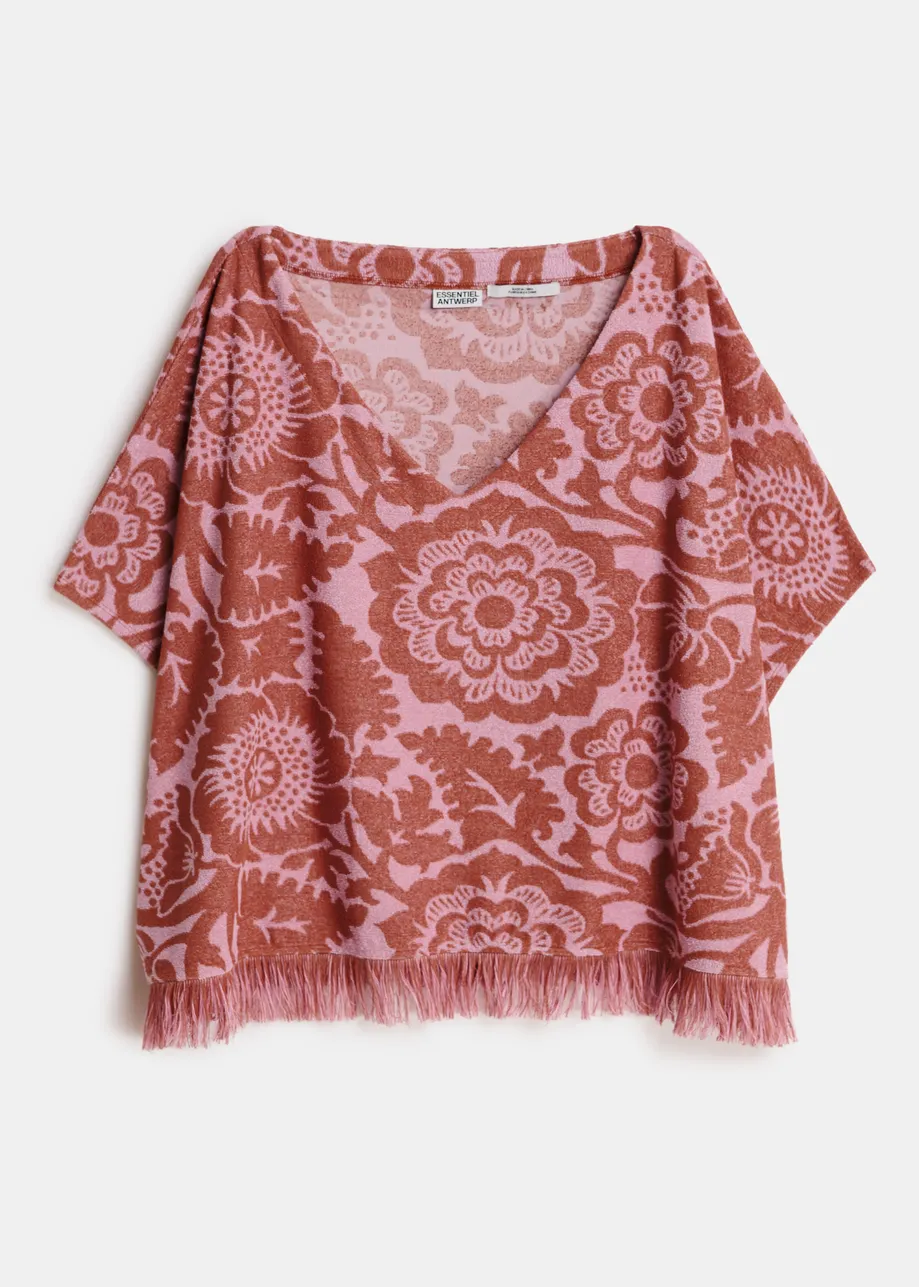 Rosa und Braun, strukturiertes Oberteil aus Jacquard-Baumwollmischgewebe mit Fransen