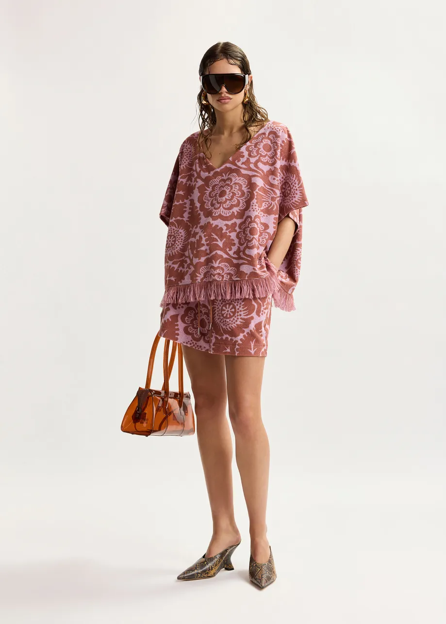 Rosa und Braun, strukturiertes Oberteil aus Jacquard-Baumwollmischgewebe mit Fransen