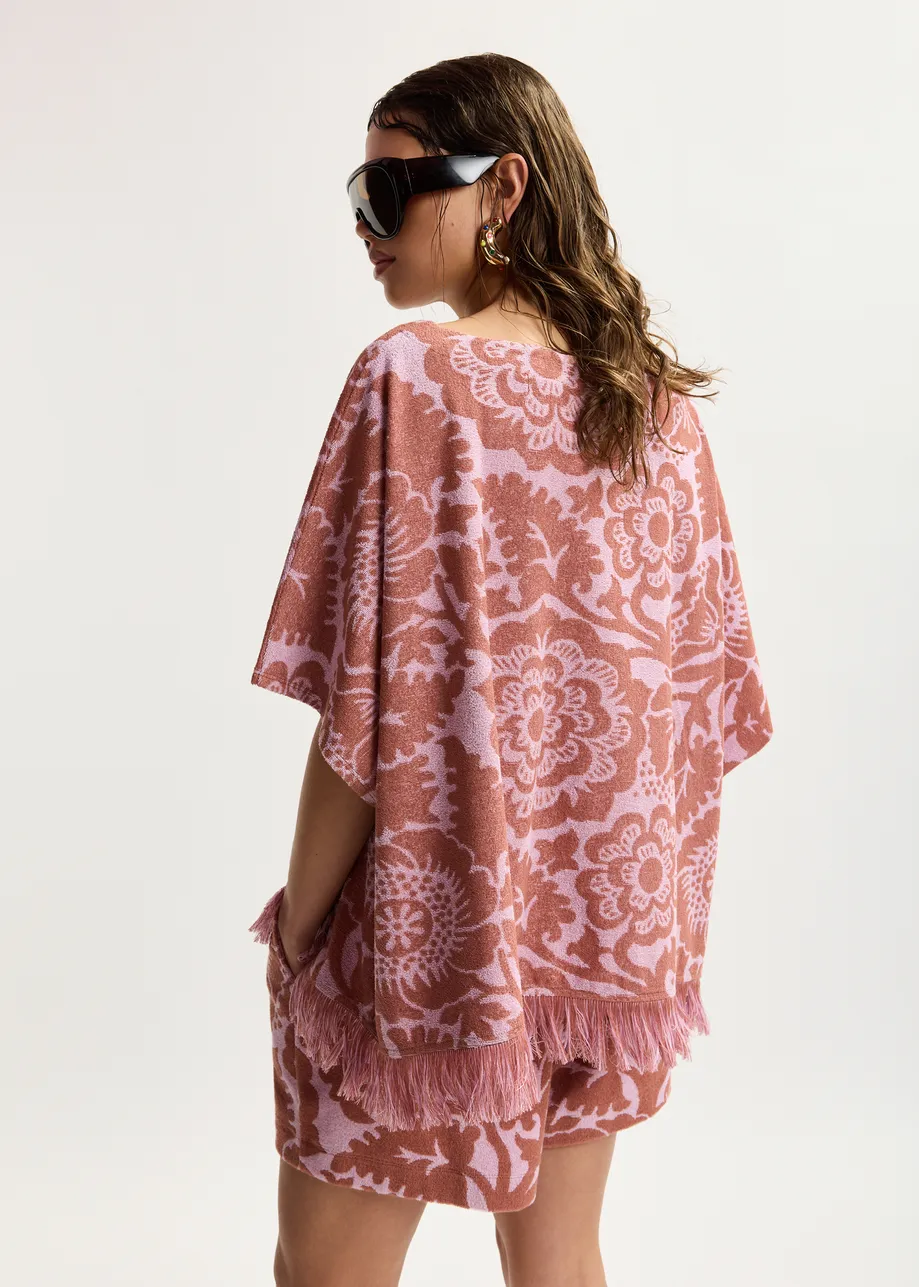 Rosa und Braun, strukturiertes Oberteil aus Jacquard-Baumwollmischgewebe mit Fransen