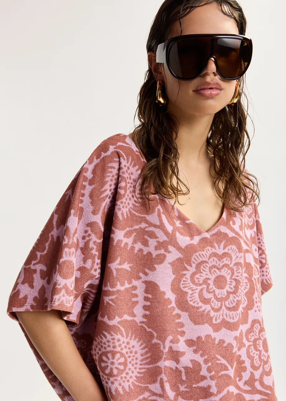 Rosa und Braun, strukturiertes Oberteil aus Jacquard-Baumwollmischgewebe mit Fransen