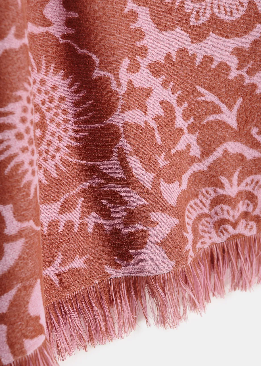 Rosa und Braun, strukturiertes Oberteil aus Jacquard-Baumwollmischgewebe mit Fransen