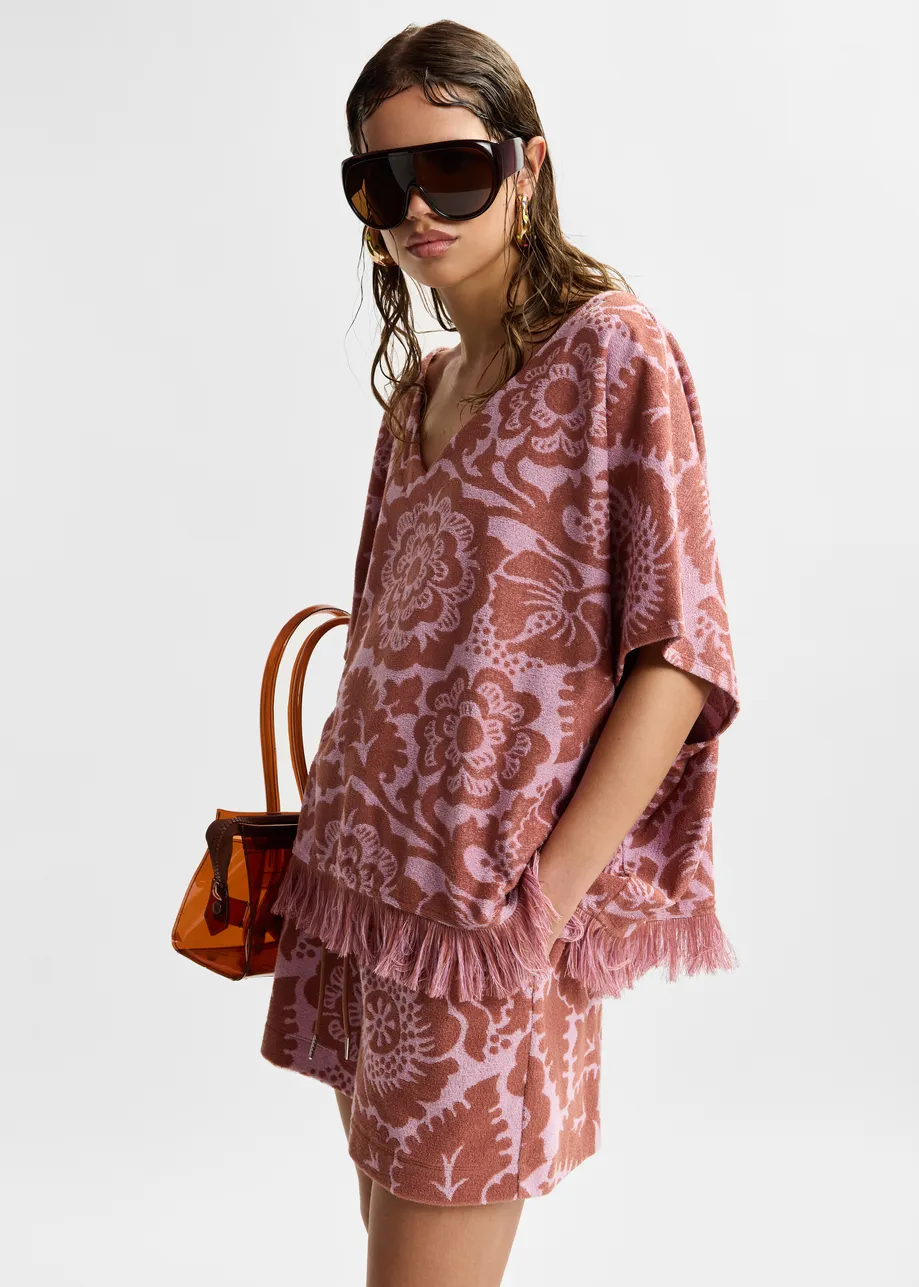Pink and brown textured floral jacquard cotton-blend top with fringed trims