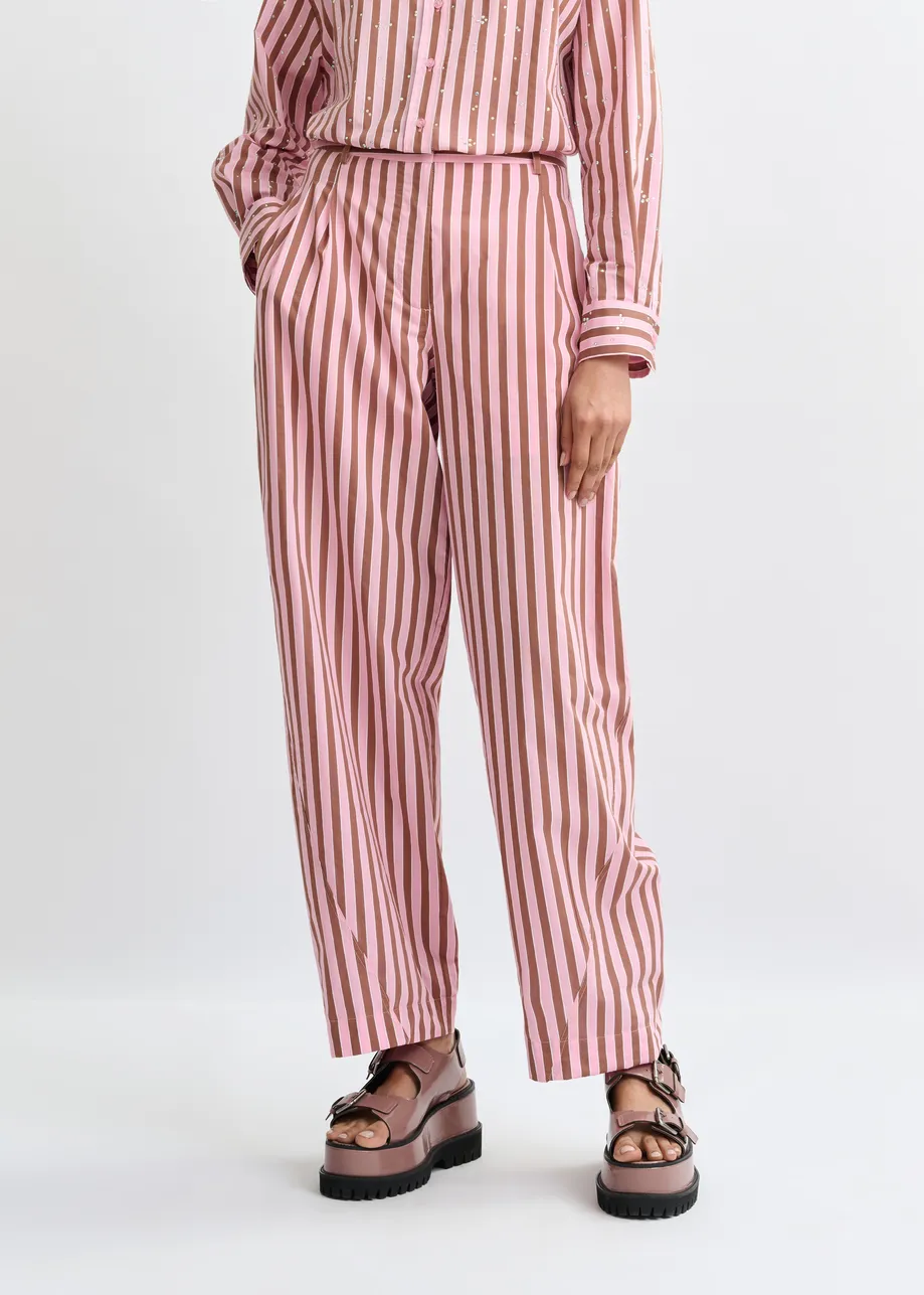 Pink and brown striped tapered-leg pants with rhinestone embellishments