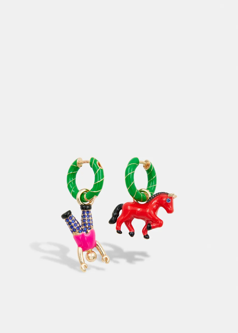 Green and gold hoop earrings with horse and boy pendants