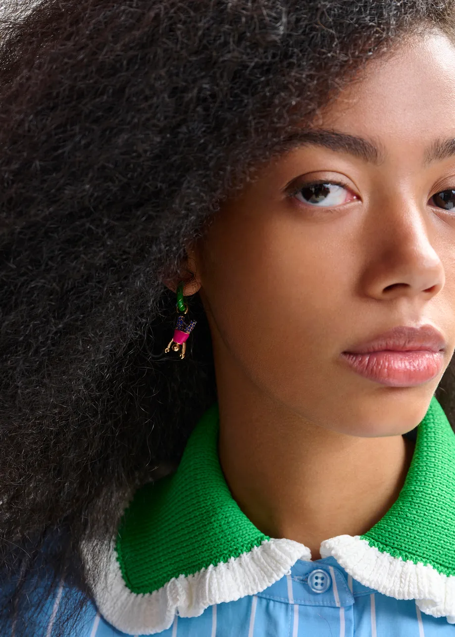 Green and gold hoop earrings with horse and boy pendants