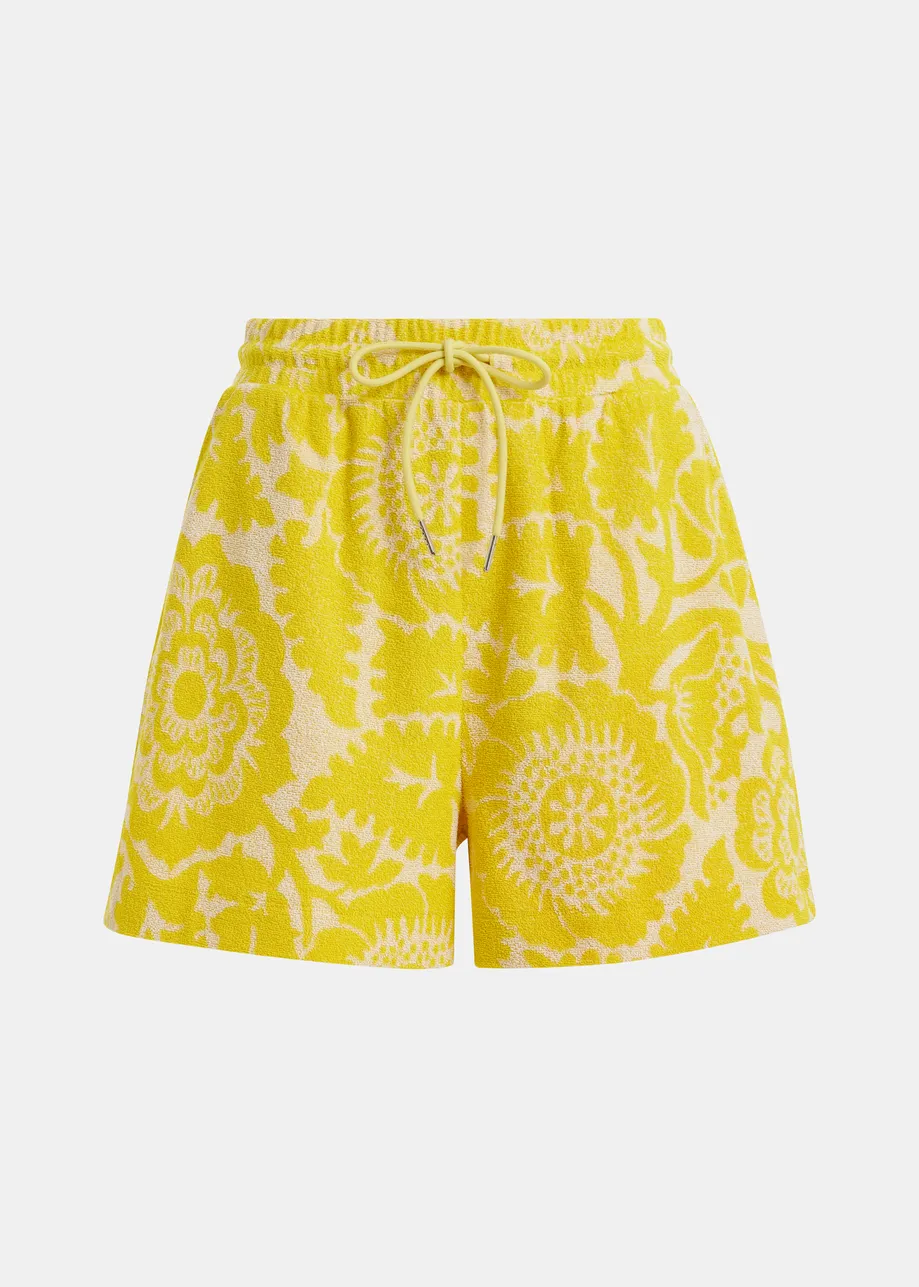 Short en jacquard fleuri jaune avec cordon à la taille