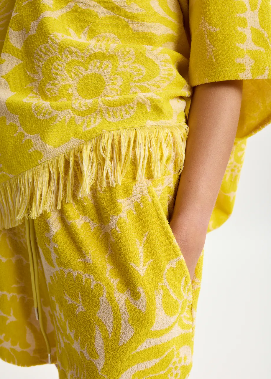 Gelbe Shorts aus Jacquard-Baumwollmischgewebe mit Blumenmuster und Kordelzugbund