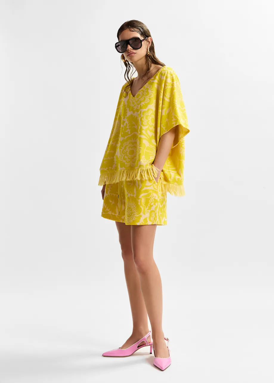 Yellow floral jacquard cotton-blend shorts with drawstring waist