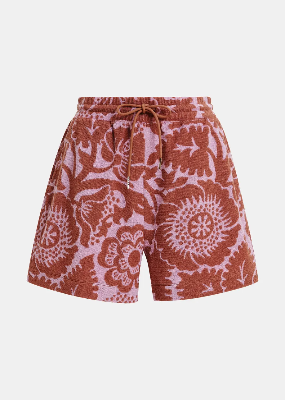 Pink and brown floral jacquard cotton-blend shorts with drawstring waist