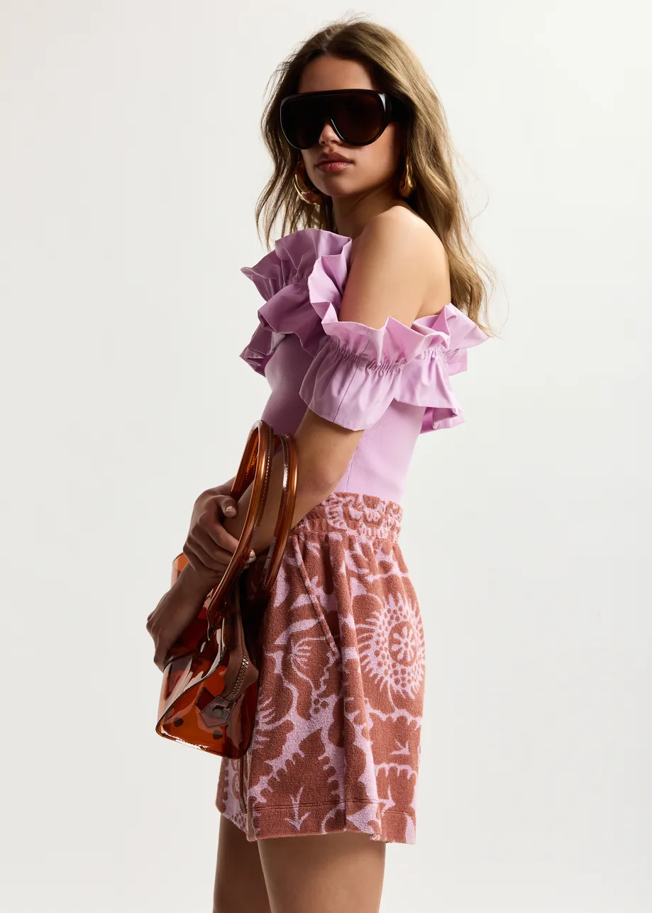 Rosa und braune Shorts aus Jacquard-Baumwollmischgewebe mit Blumenmuster und Kordelzugbund