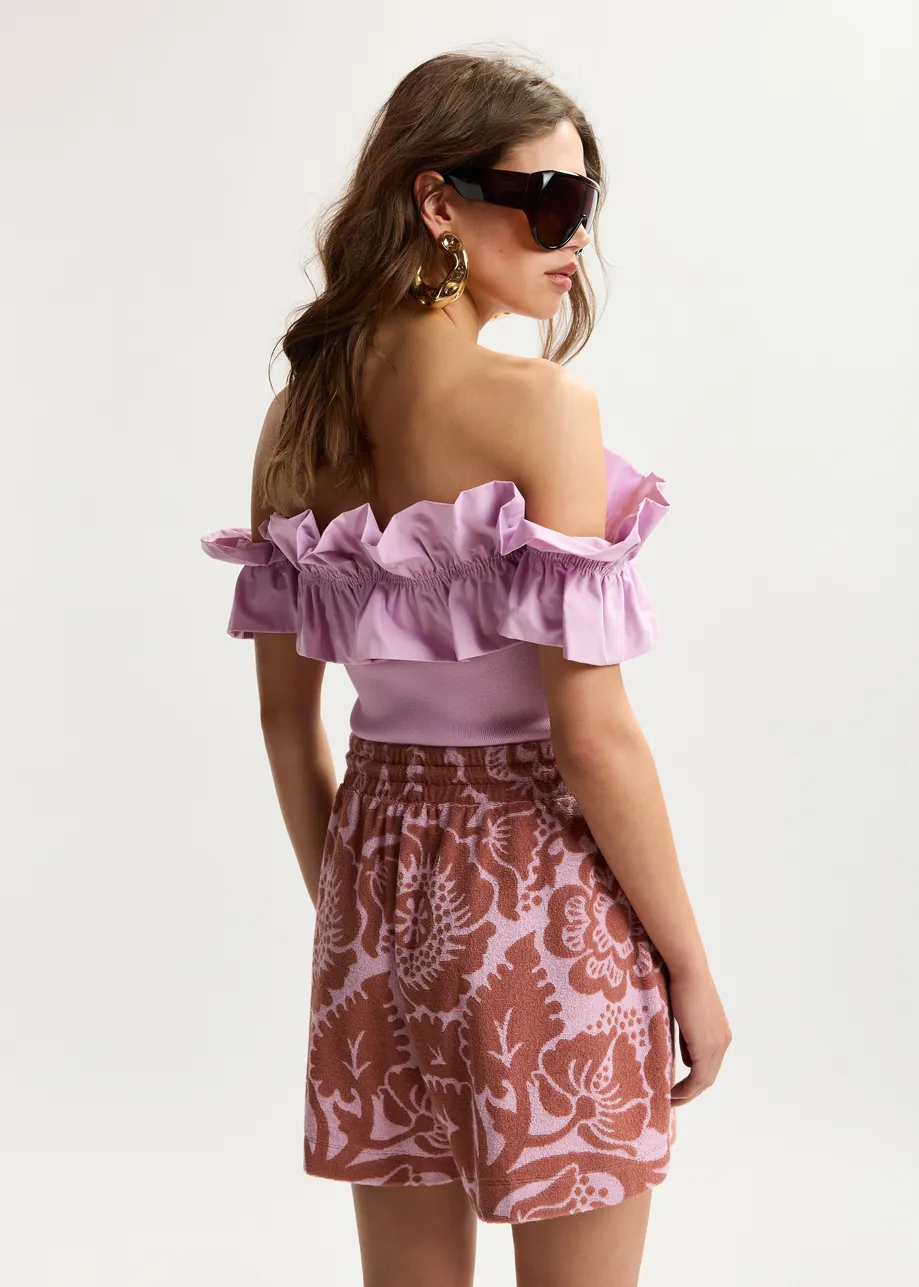 Rosa und braune Shorts aus Jacquard-Baumwollmischgewebe mit Blumenmuster und Kordelzugbund