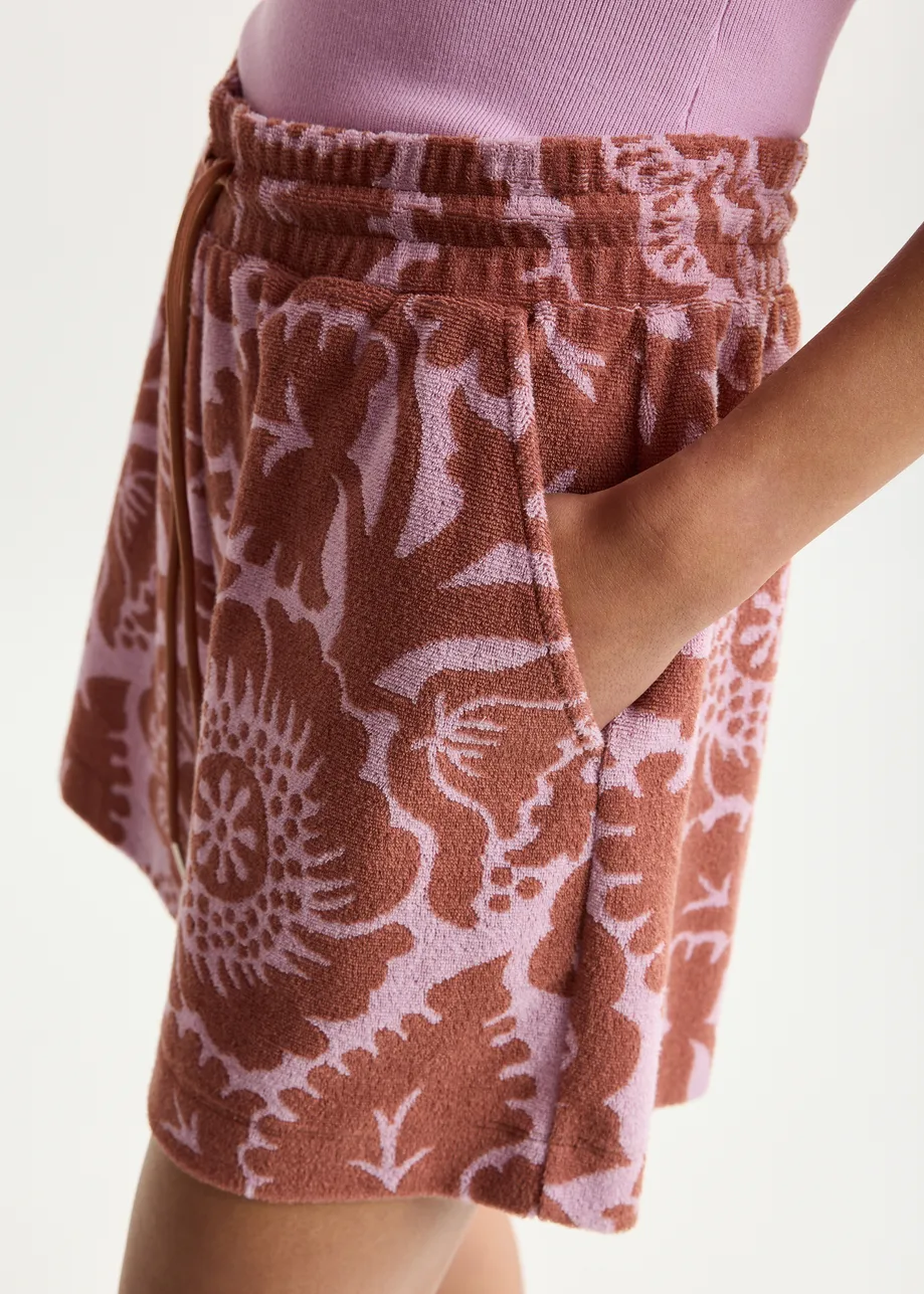 Rosa und braune Shorts aus Jacquard-Baumwollmischgewebe mit Blumenmuster und Kordelzugbund