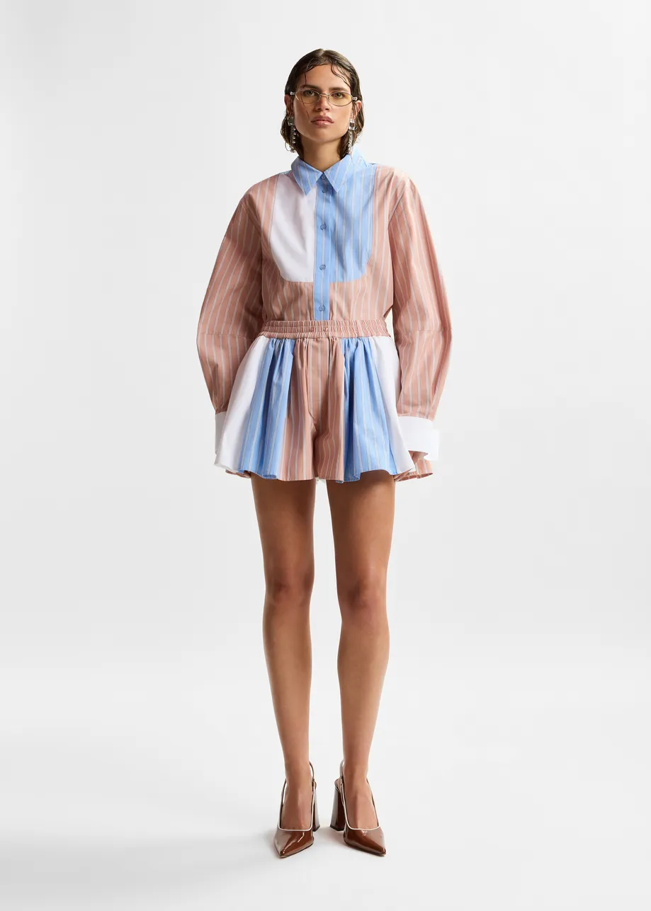 Camel, light blue and white striped cotton shorts with elasticated waistband